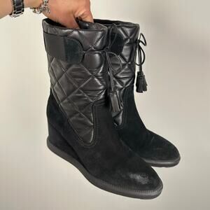 Aquatalia Caliana Water Resistant Black Quilted Leather Wedge Boots Size 9.5